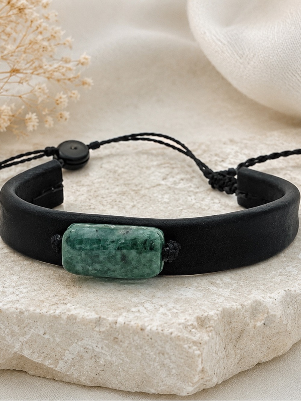 Artisan Black Leather Natural Jade Stone Guatemalan Artisan